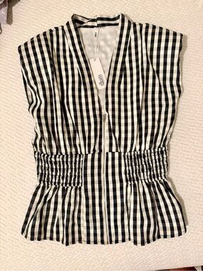 glam Black & White Gingham Zip-Front Peplum Top